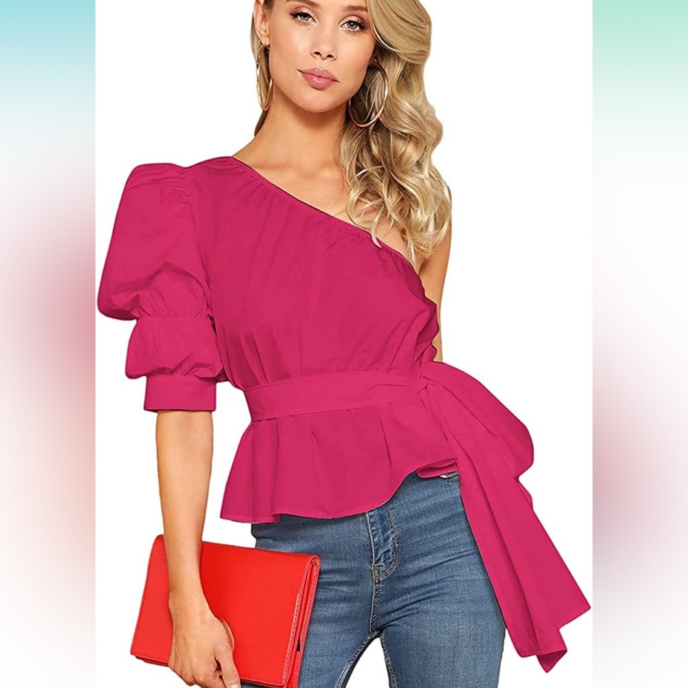 NWOT Women's One Shoulder Short Puff Sleeve Self Belted Solid Blouse Top